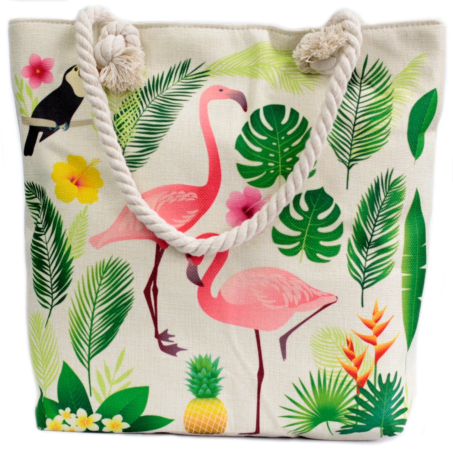 Tropical Flamingo & Toucan Rope Handled Bag
