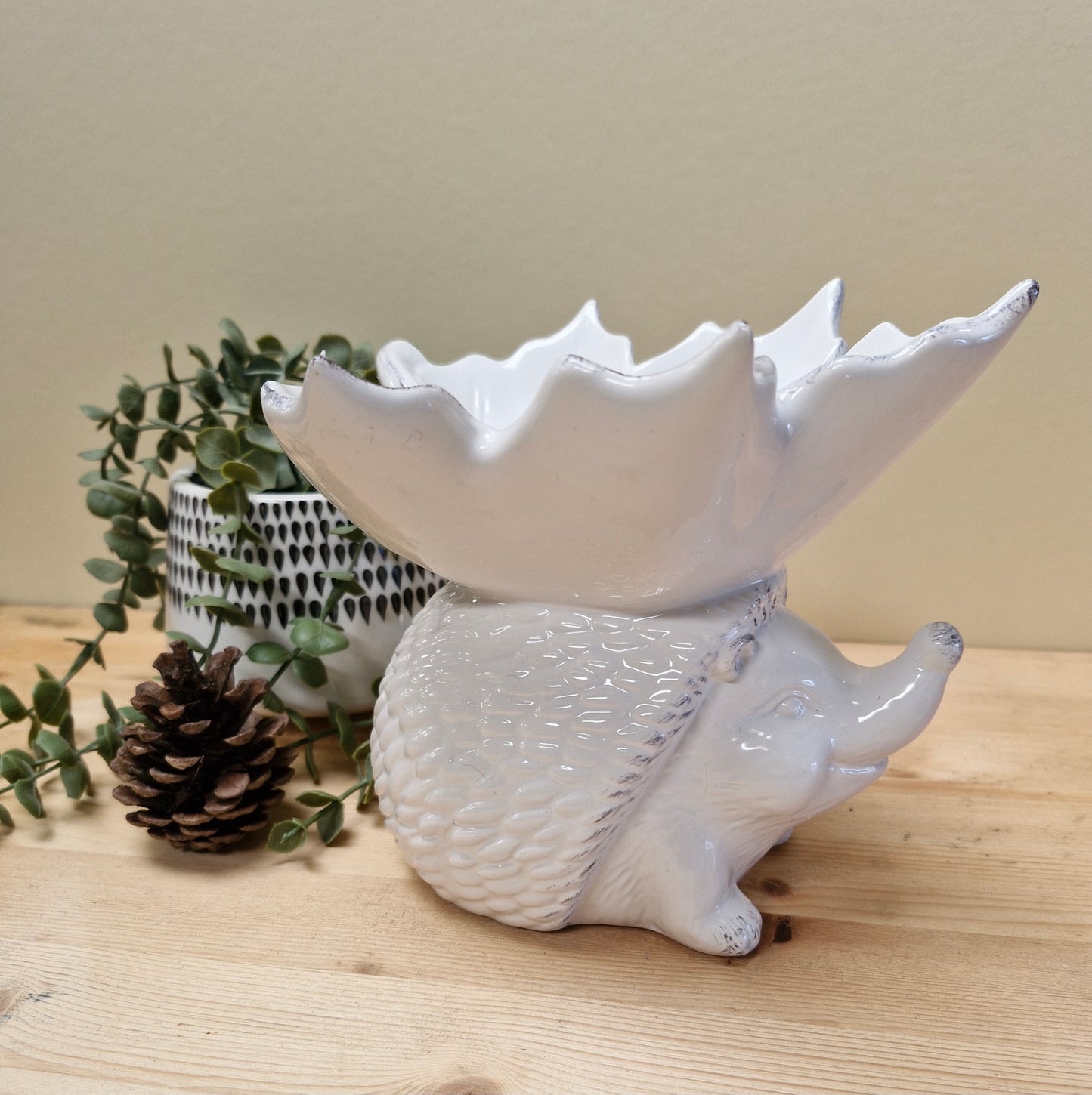 White Ceramic Hedgehog & Leaf Dish