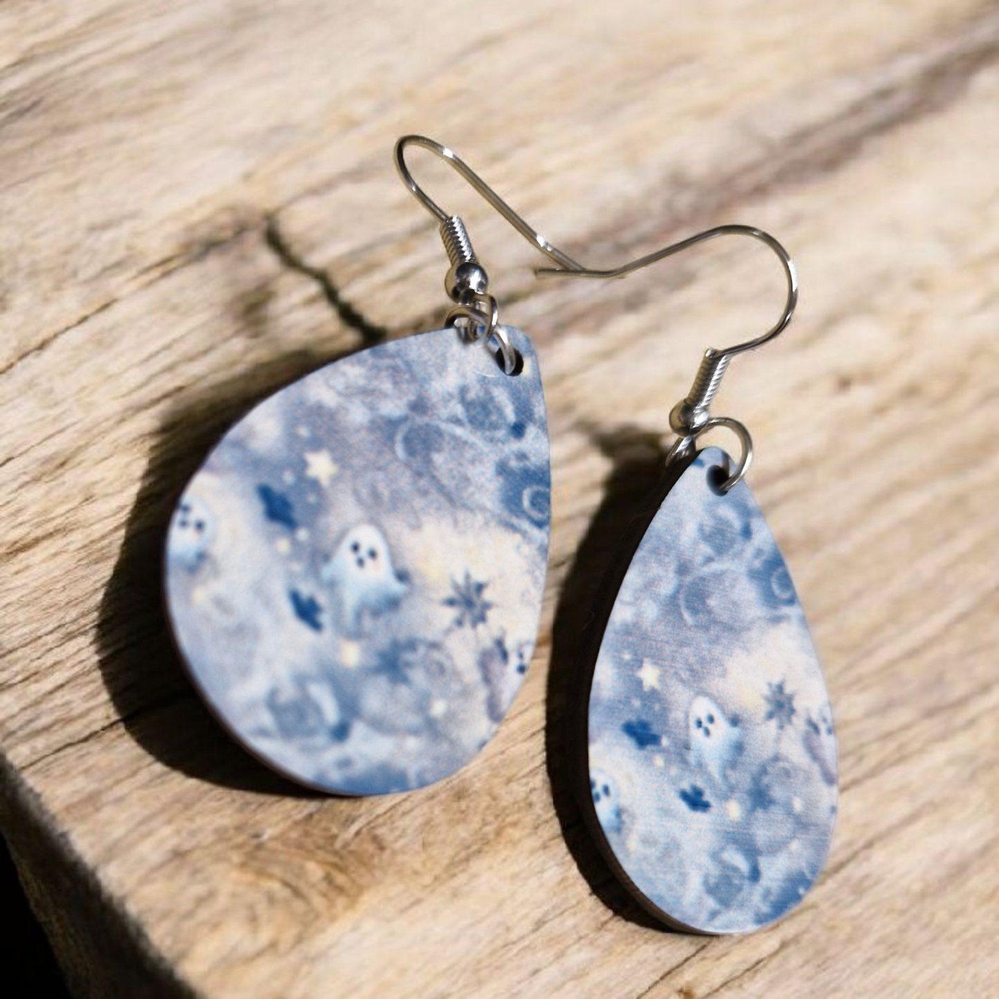wooden Teardrop Ghost Earrings Style 1