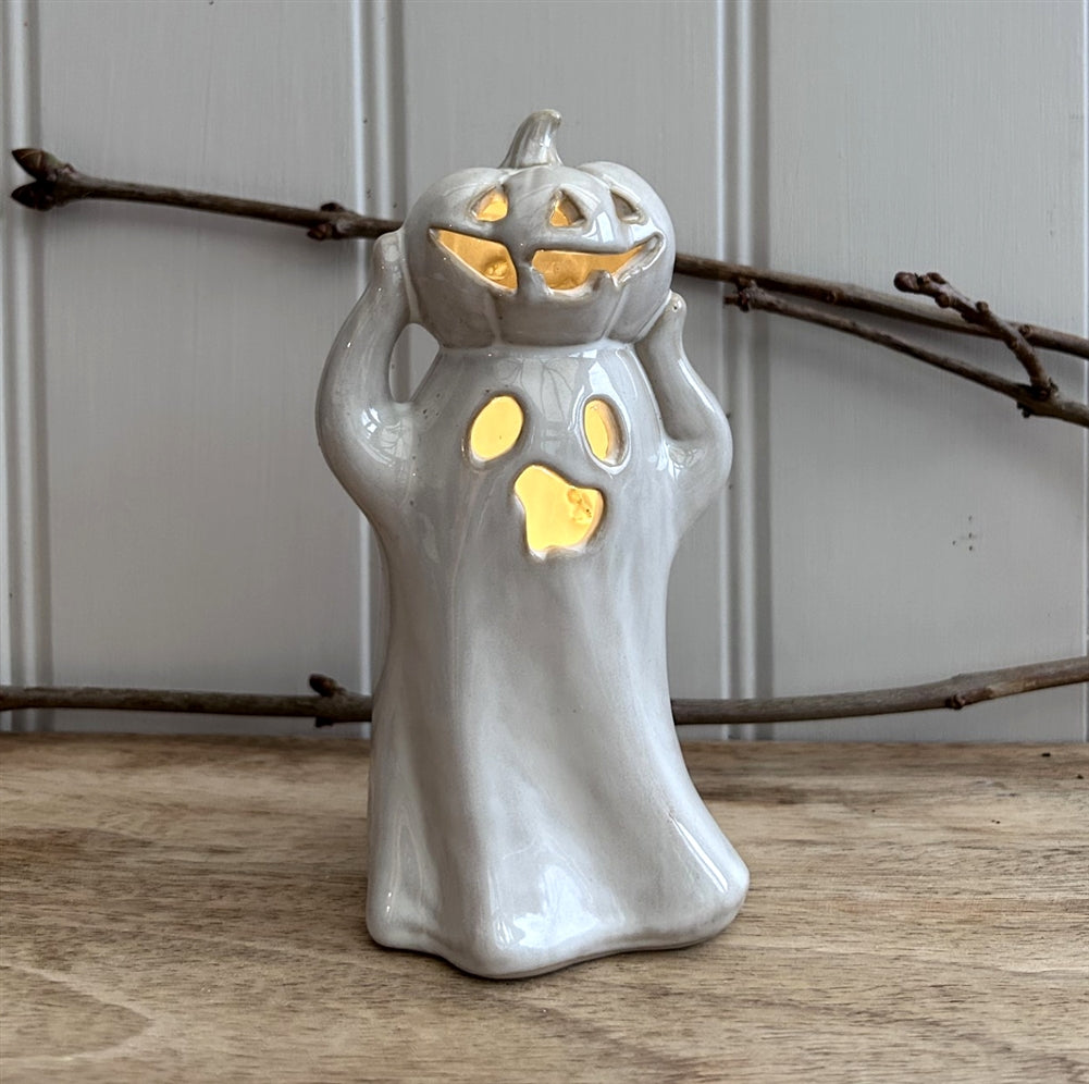 Ceramic Ghost With Pumpkin LED Light