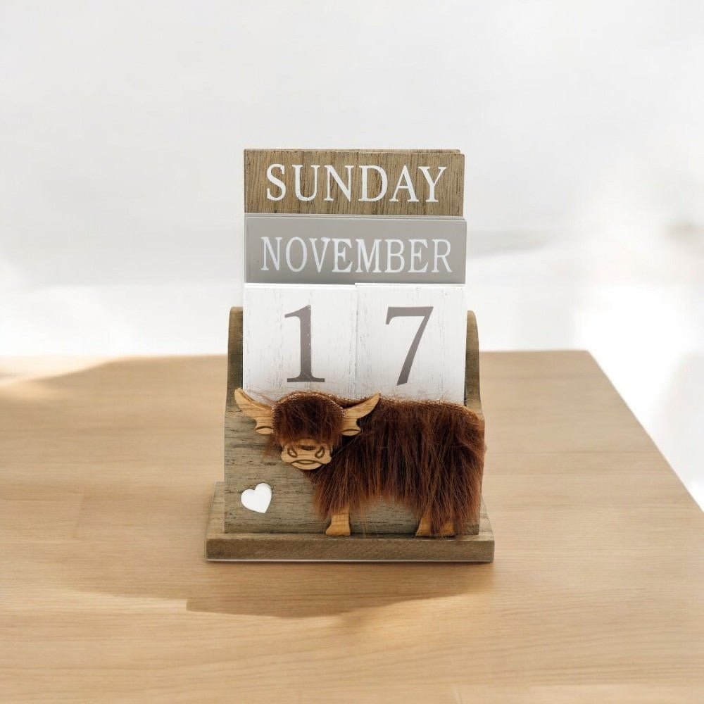 Wooden Highland Cow Tile Calendar