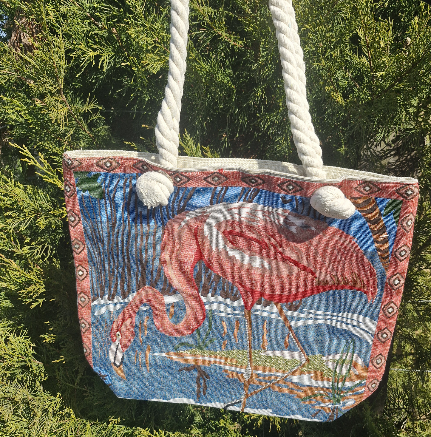 Rope Handled Woven Flamingo Bag