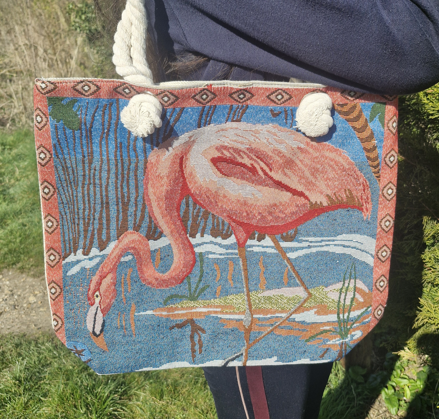 Rope Handled Woven Flamingo Bag