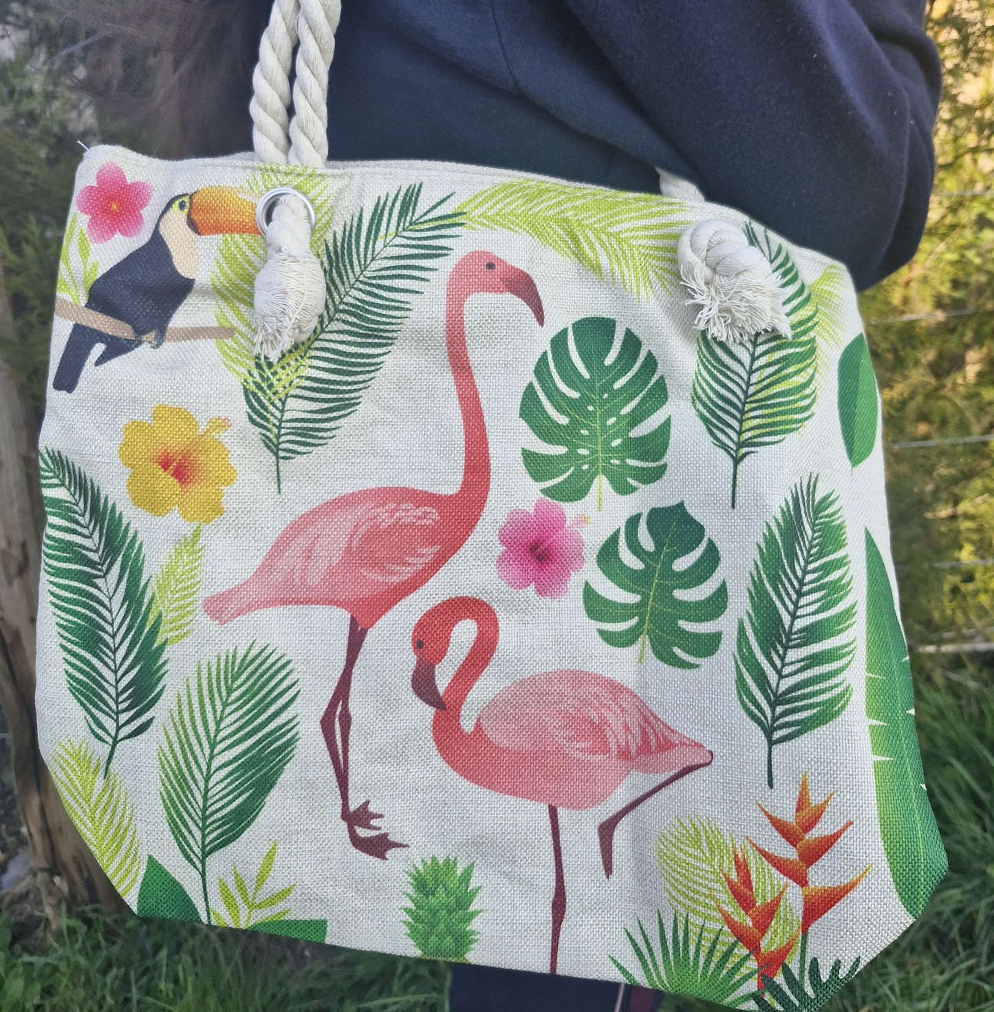 Tropical Flamingo & Toucan Rope Handled Bag