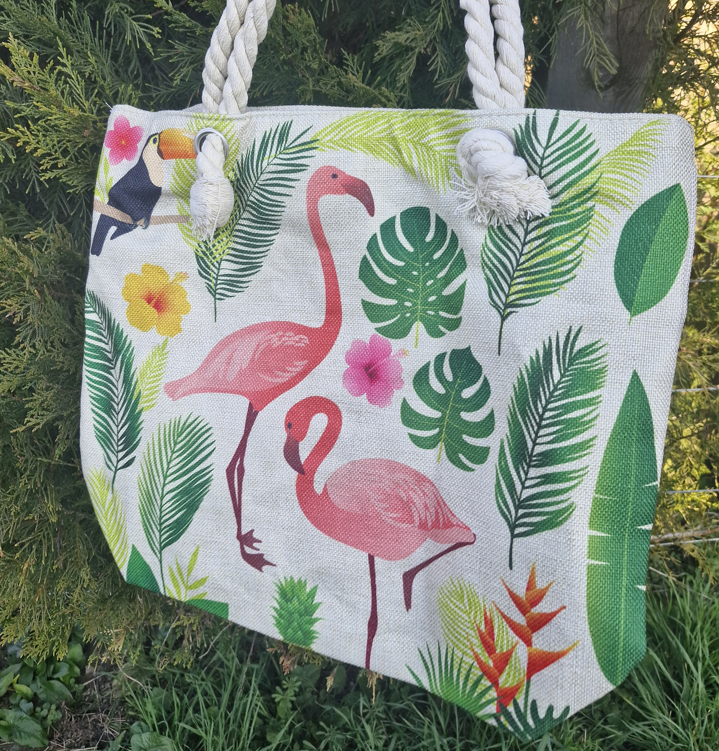 Tropical Flamingo & Toucan Rope Handled Bag