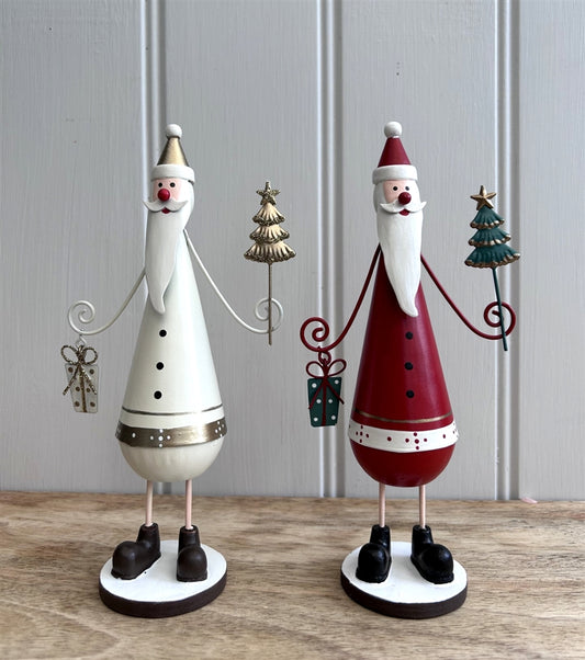 Painted Metal Santa Christmas Ornament Off-White or Red
