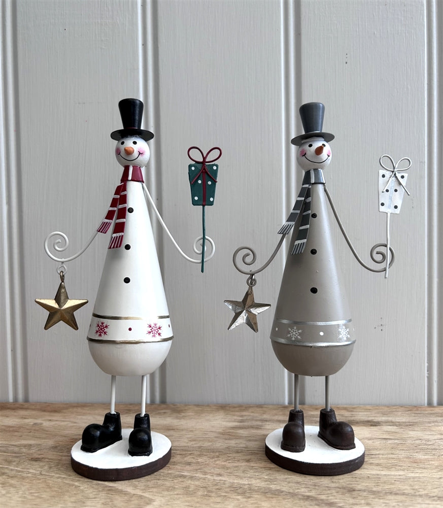 Painted Metal Snowman Christmas Ornament Off-White or Taupe