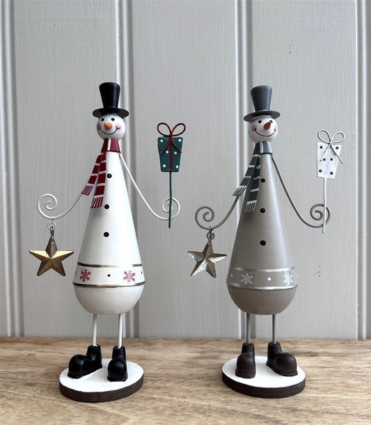 Painted Metal Snowman Christmas Ornament Off-White or Taupe