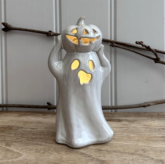 Ceramic Ghost With Pumpkin LED Light
