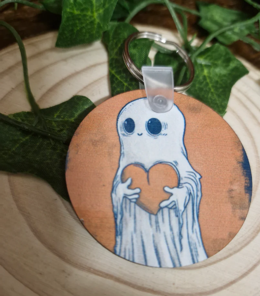 Cute Wooden Ghost With Heart Keyring