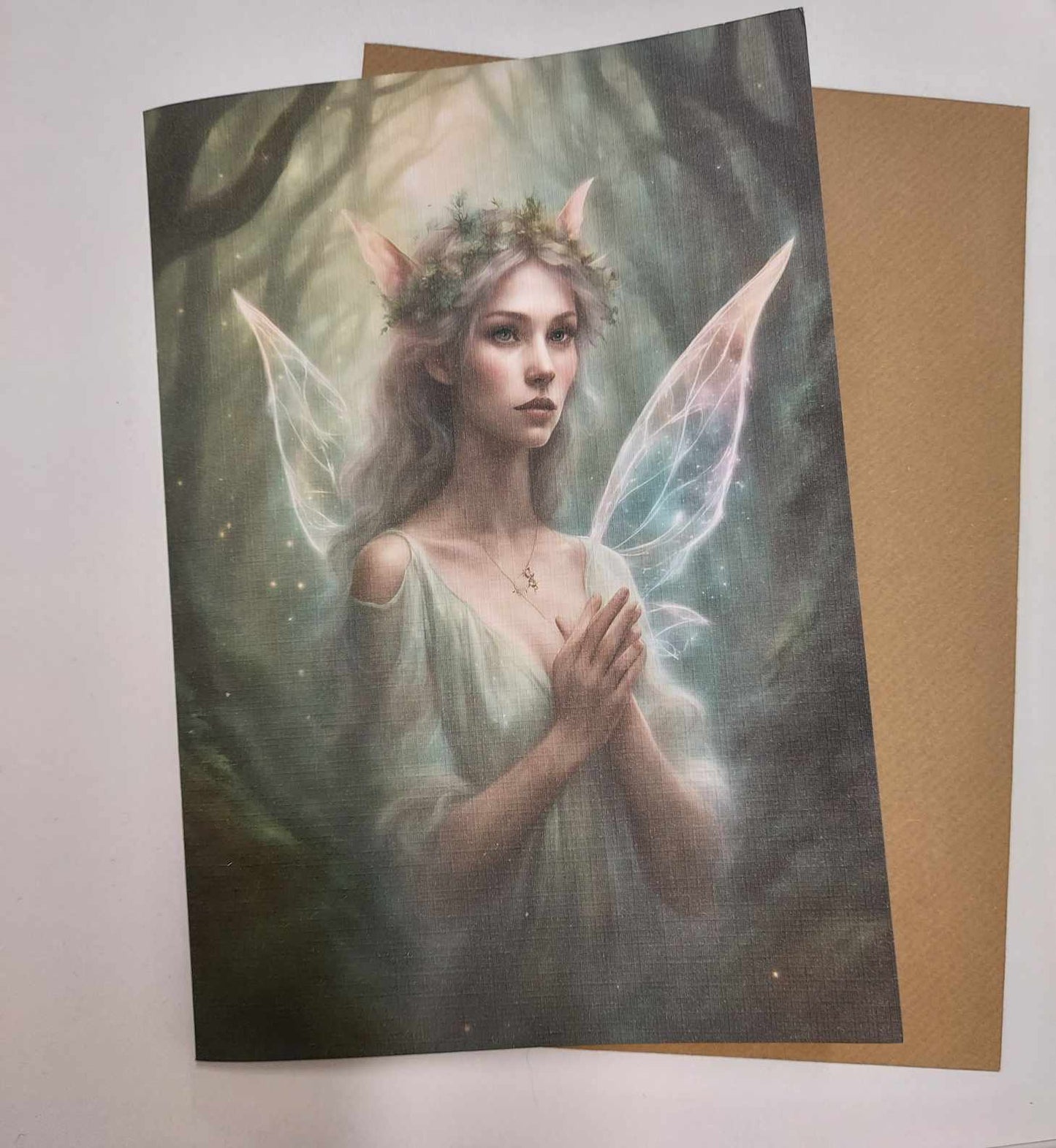 Praying Pixie Fantasy Art A5 Mother's Day Card Recycled Linen Print