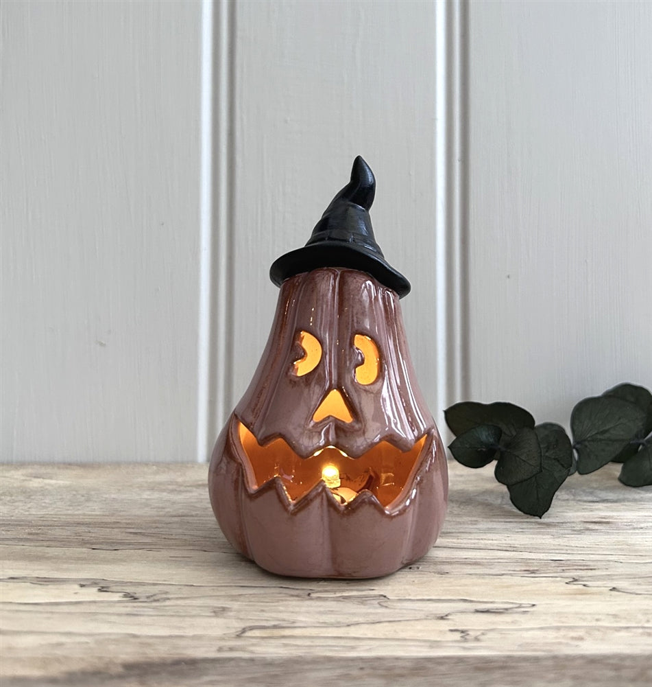 Ceramic Pumpkin With Hat LED Ornament
